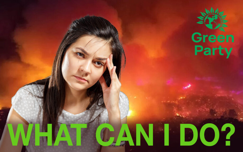 Young woman worried about climate change. Green Party logo