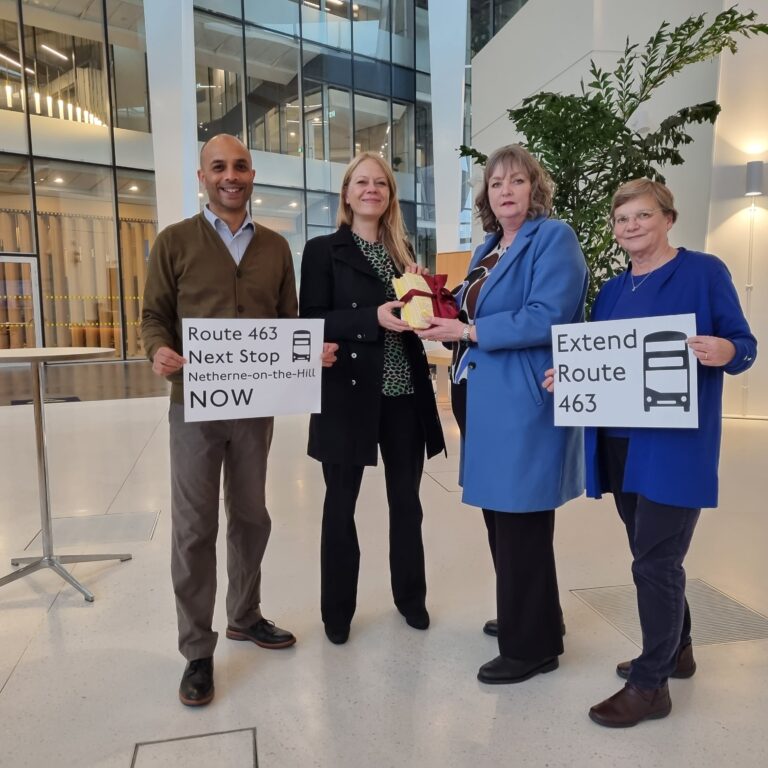 Cllr Shasha Khan and London Assembly member Sian Berry submit the pettition to extend TFL bus route 463 to the Mayors office