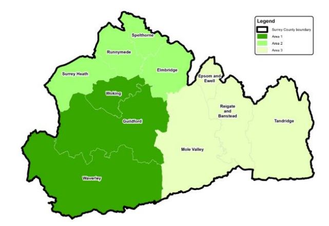 map of surrey divided into three areas
